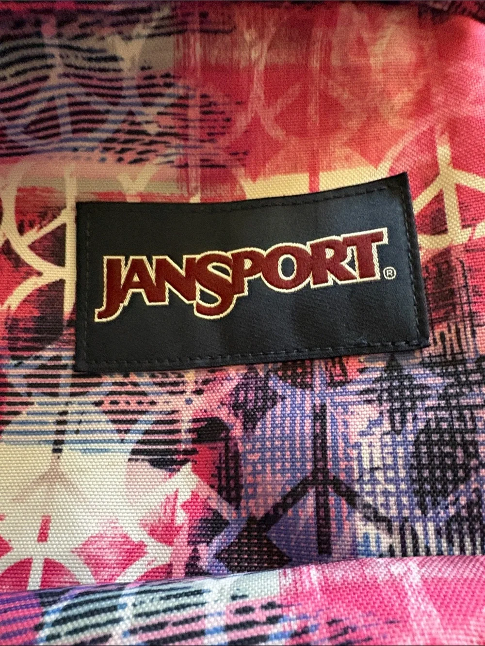 Jansport Pink Peace Sign Pattern Backpack with Purple & Blue Accents